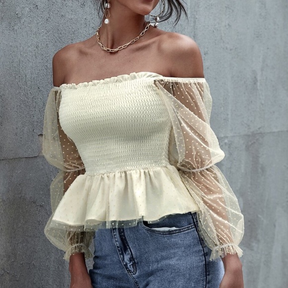 Boho Cream Off Shoulder Dot Sheer Sleeve Top - Picture 4 of 4
